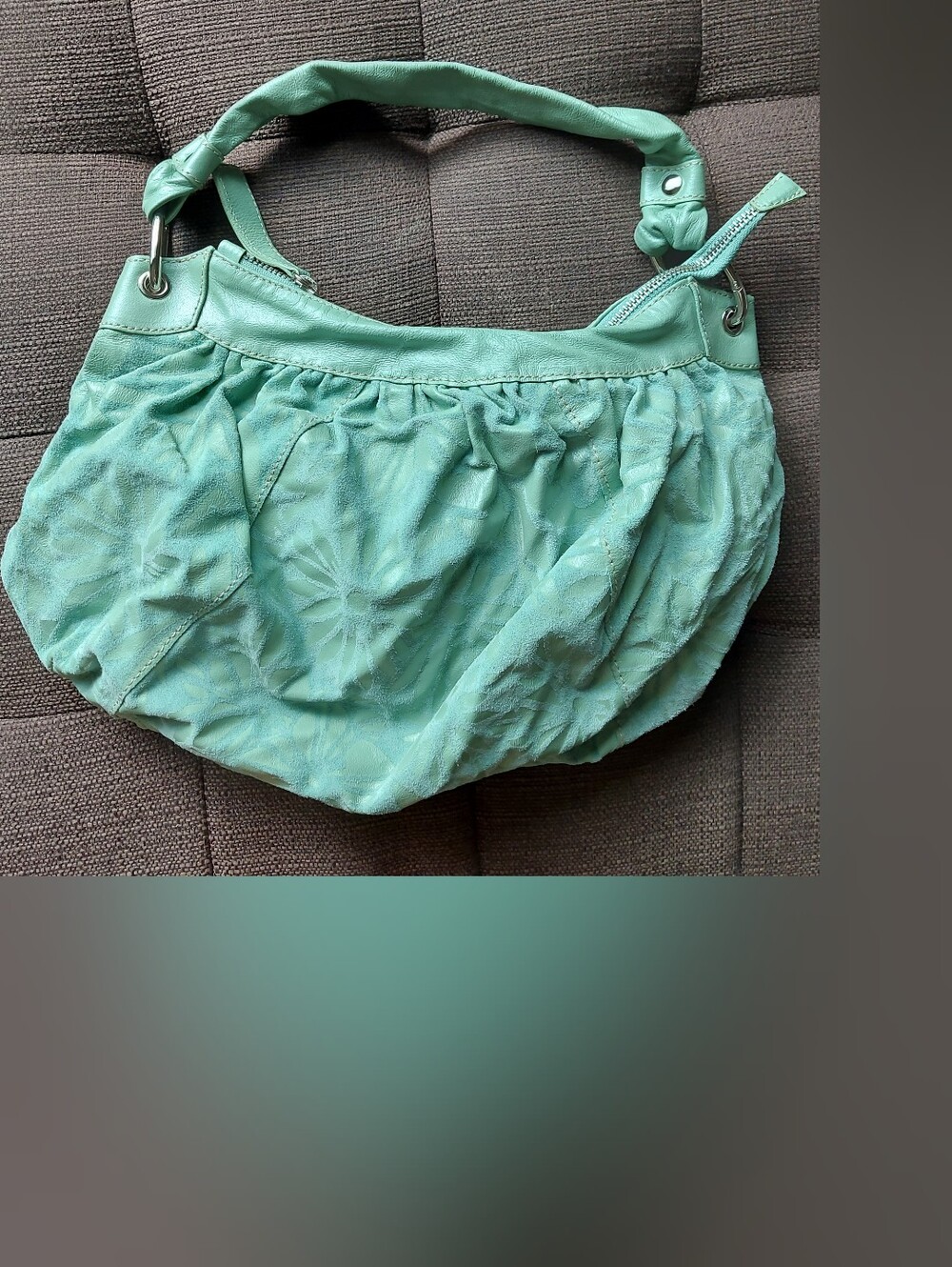 Mint Green Vintage L'incontro Genuine Leather and Suede Bag With A Floral Design
